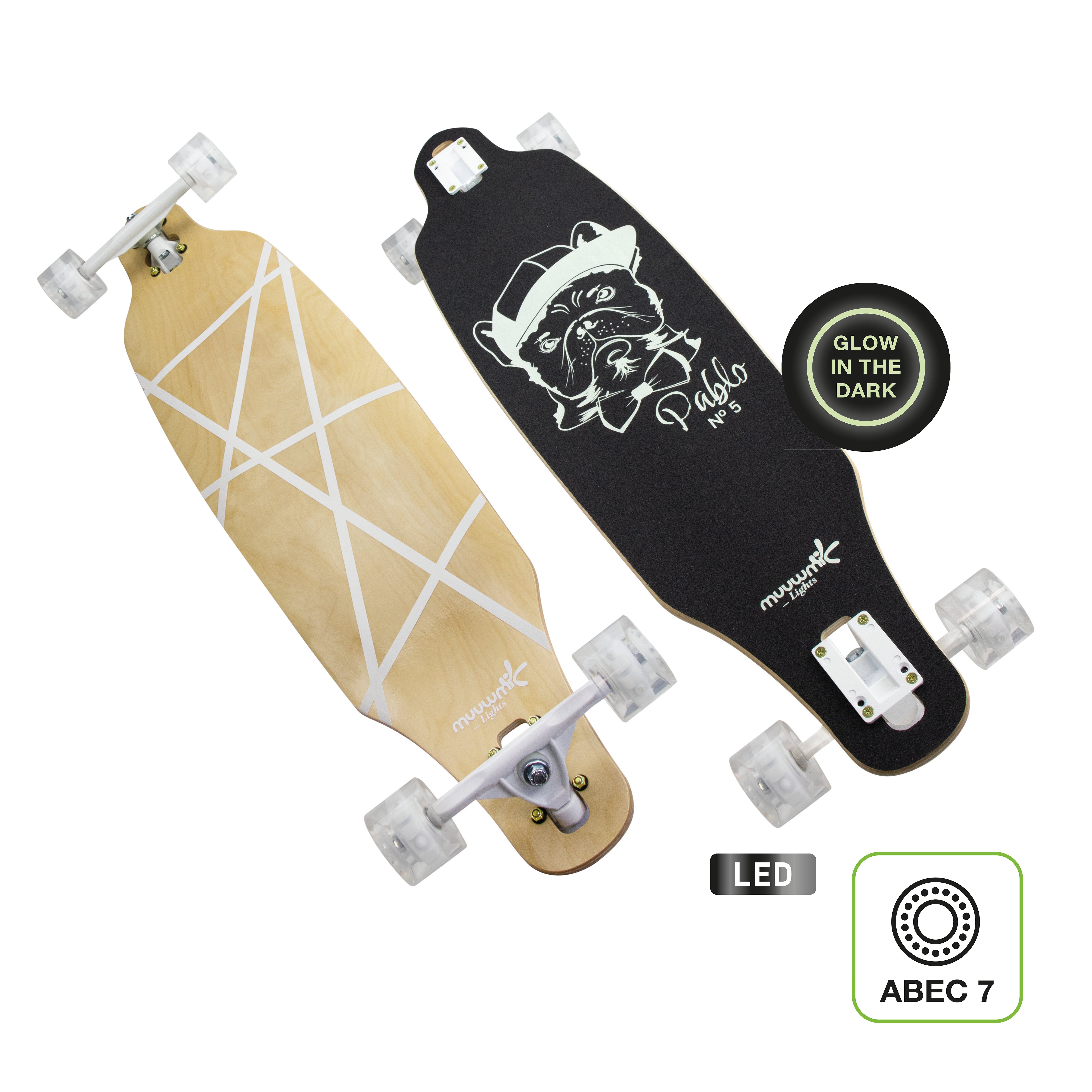 Muuwmi Longboard GLOW ABEC 7 PABLO, świecące kółka, efekt świetlny